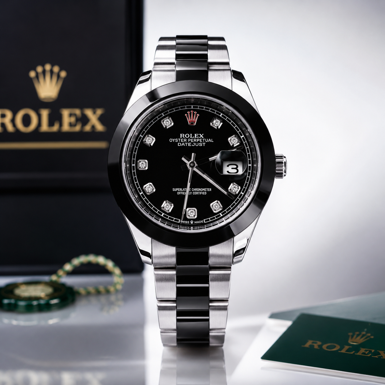 Rolex Style Black Dial Stainless Steel Men's Watch | Premium Silver & Black Metal Strap | Luxury Analog Quartz Wrist Watch | Elegant Business & Casual Watch for Men