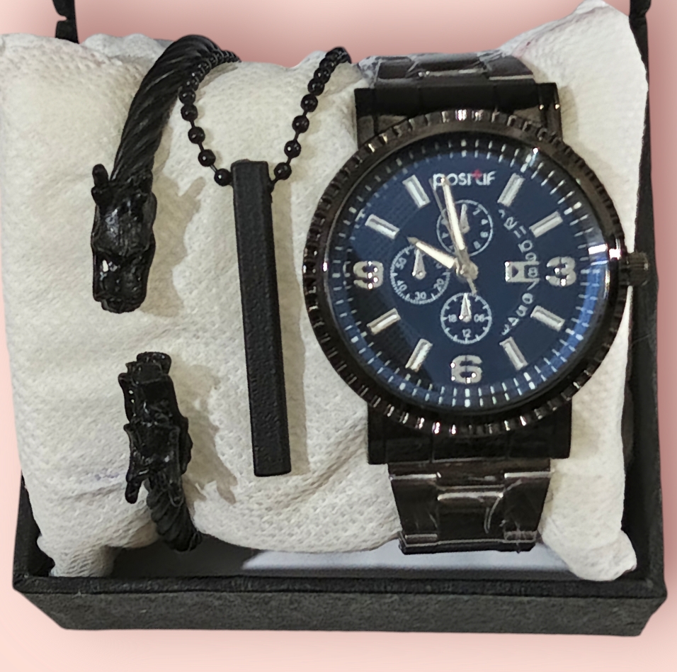 PACK OF 3 /LUXURY FASHION MENS WATCH DEAL HIGH QUALITY  BLACK STAINLESS STEEL QUARTZ WRIST WATCH+3 D VERTICAL BAR STICK LOCKET +DOUBLE DRAGON HEAD CABLE BRACLATE FOR ME AND BOYS BEST WEDDING  WATCH DEAL FOR MEN Eid Special All Watch Dial In Random Design