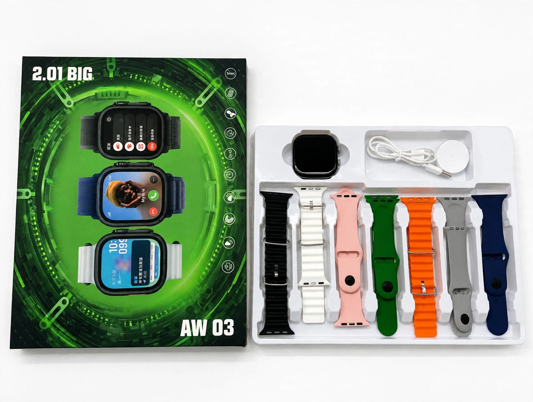 AW03 Smart Watch 7 in 1 Straps 2.01 Big Display Wireless Charging + 7 Silicon Straps For Boys Girls