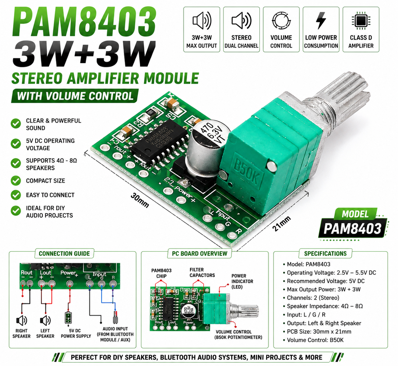 PAM8403 3W+3W Stereo Audio Amplifier Module with Volume Control | 5V Mini Class D Speaker Amplifier Board | Dual Channel DIY Audio Module