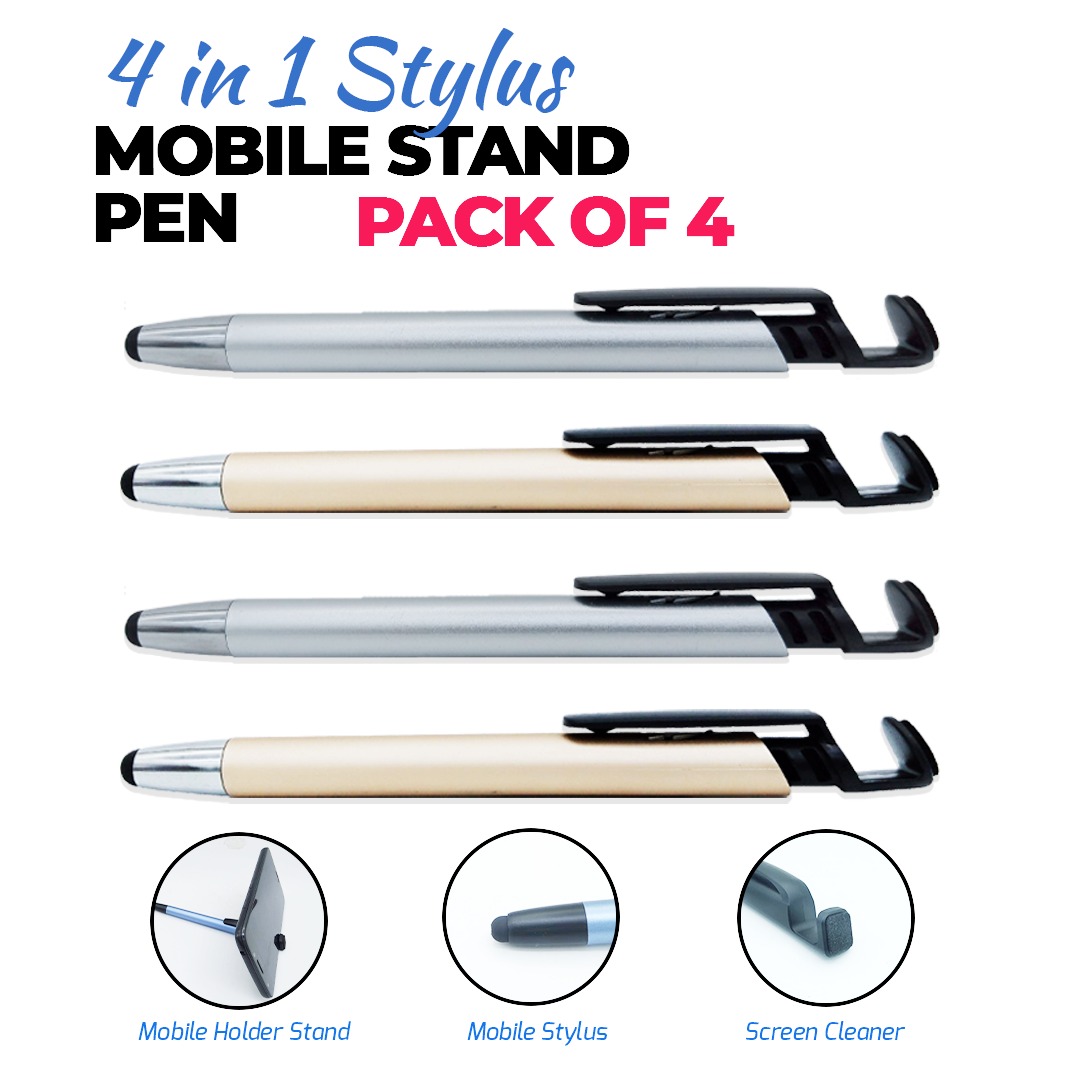 Pack of 4 Mobile Stand Pen 4 in 1 Stylus Screen Cleaner