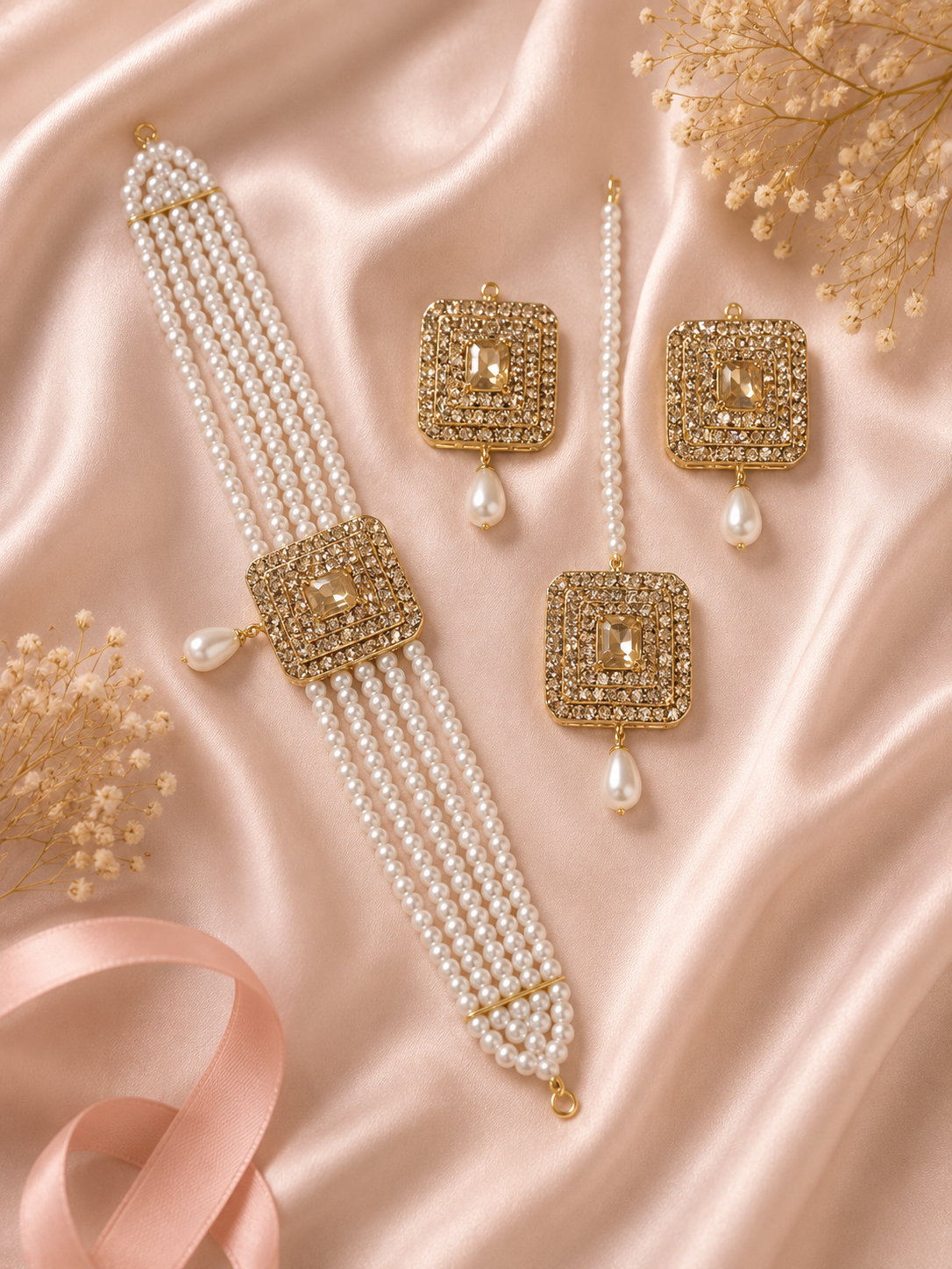 Zink Artificial Bridal Jewellery Set For Girls And Woman Article 64385 Luxury 5-Layer Crystal Choker Jewelry Set | Necklace, Earrings & Tikka