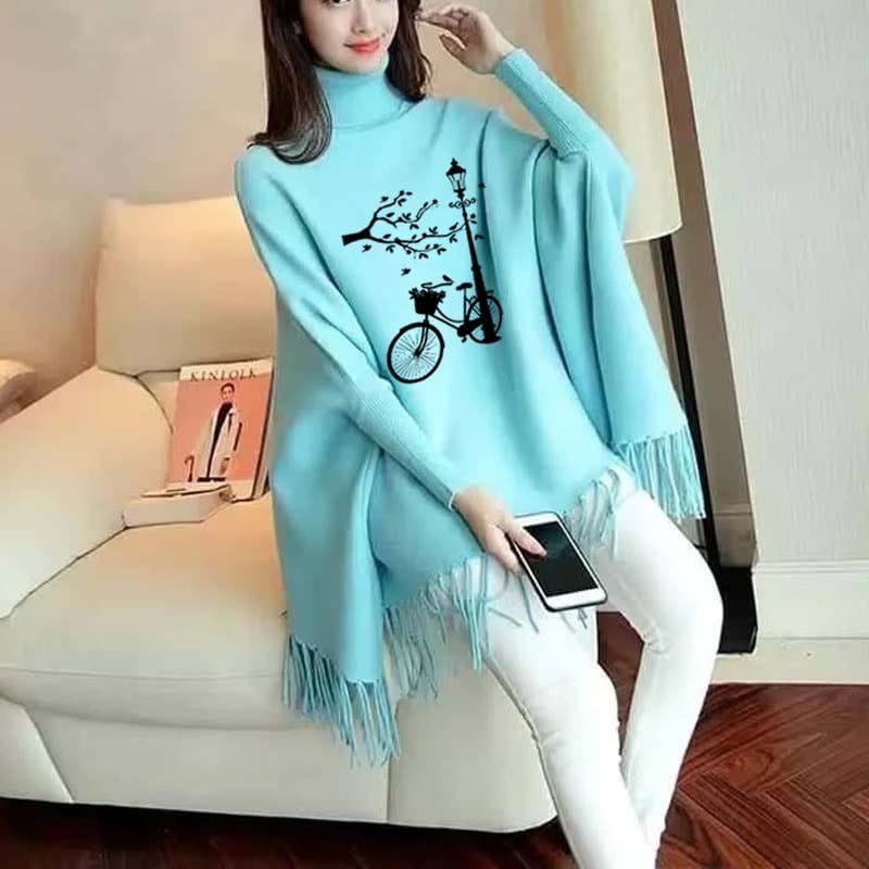 Cycle Printed Bat Wing Style Winter Poncho For women