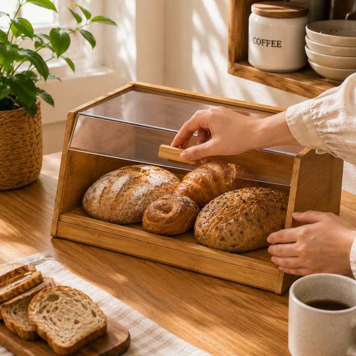 Bamboo Bread Box with Acrylic Lid | Bread Storage Container | Kitchen Bread Keeper | Food Storage Organizer