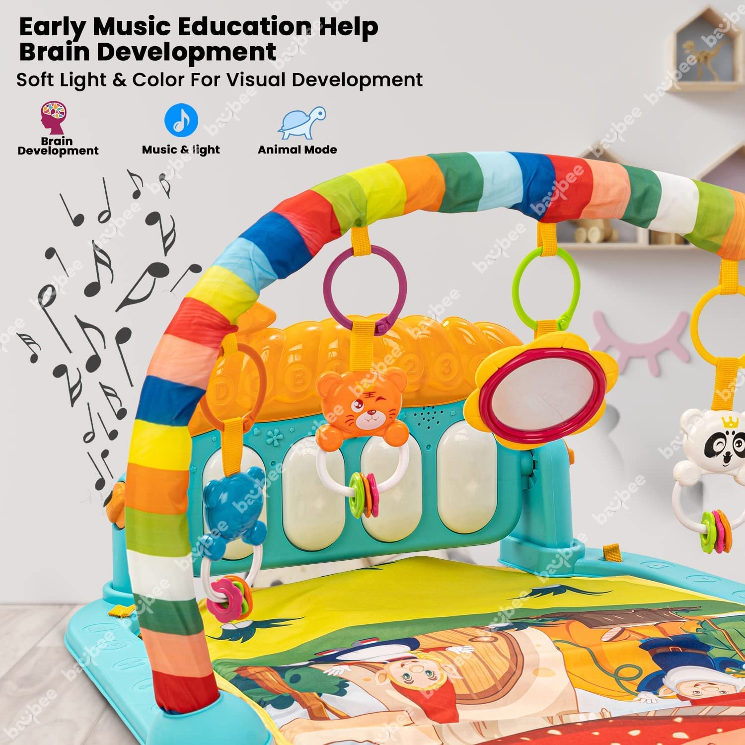 Baybee Piano Baby Play Gym Mat for Babies, Activity Playgym for Baby with Rotatable Piano & 5 Hanging Toys  Baby Bedding Set Crawling Mat  Baby Play Gym for 0 to 12 Months Boy Girl,Multicolor