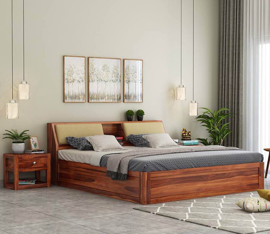 STRATA FURNITURE Sheesham Wood King Size Bed with Box Storage Wooden Double Bed Cot Bed Furniture for Bedroo...