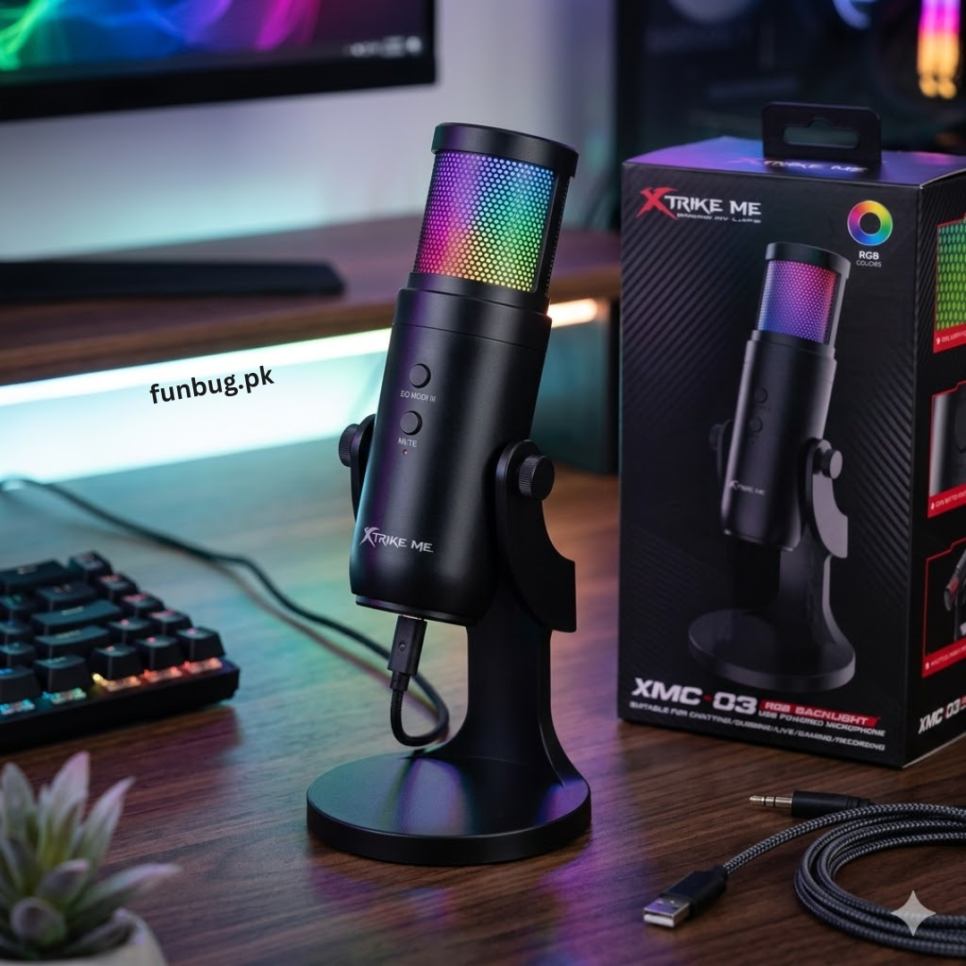 Xtrike-Me Professional Condenser Microphone for Studio Recording - USB Powered Omnidirectional Dynamic Gaming Mic for Mobile, PC, Desktop, Podcasting, Live Streaming, Singing, ASMR, Youtube - 12 RGB Lighting Modes - 360° Rotatable Body - XMC03 by FunBug