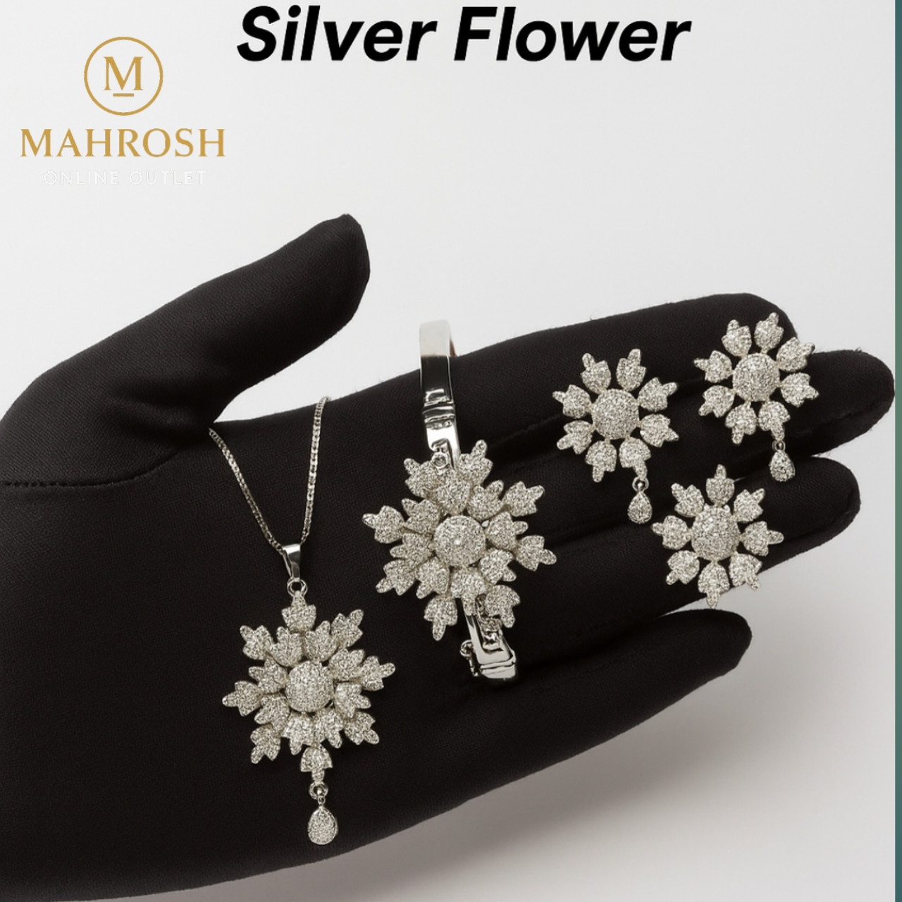 5 Pcs Combo Set Golden  Flower Design Locket Chain Earring Adjustable Ring And Openable Bangle  For Women Jewellery
