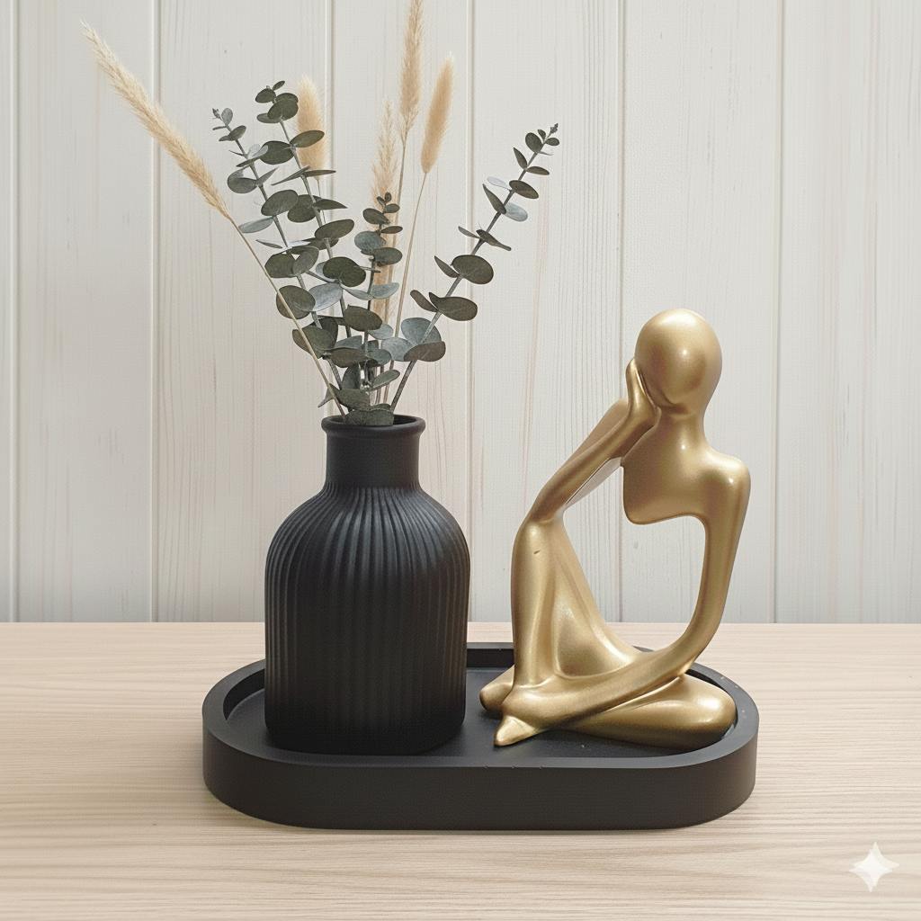 Set of 3 Home Decor Showpiece – Thinker Statue + Mini Vase + Oval Tray | Cement & Gypsum | Gift for Home, Office