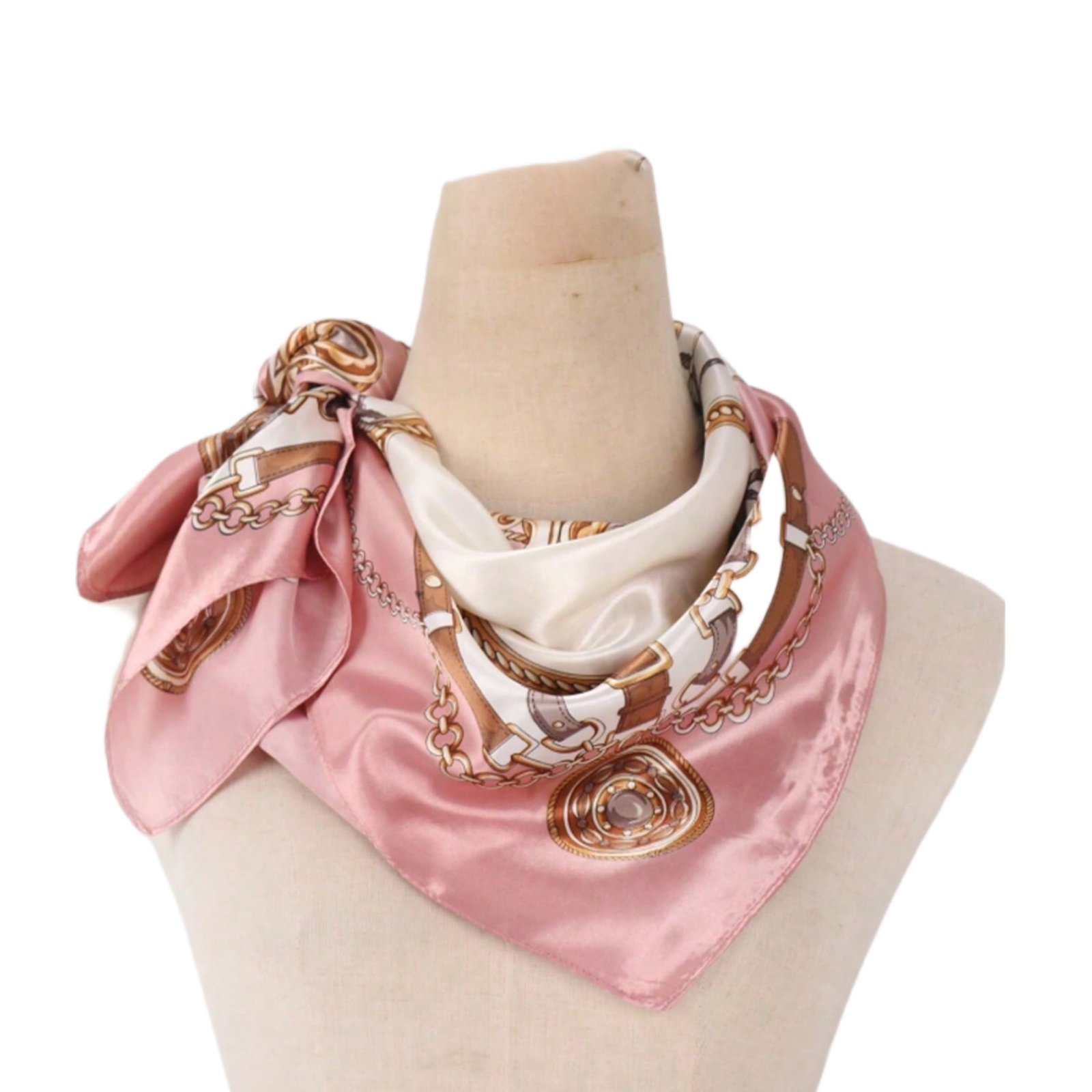 Pink Silk Scarf Hair Wrap, Vintage Chain Pattern Elegant Satin Headscarf, Large Square Hair Scarf For Women, Stylish Hair