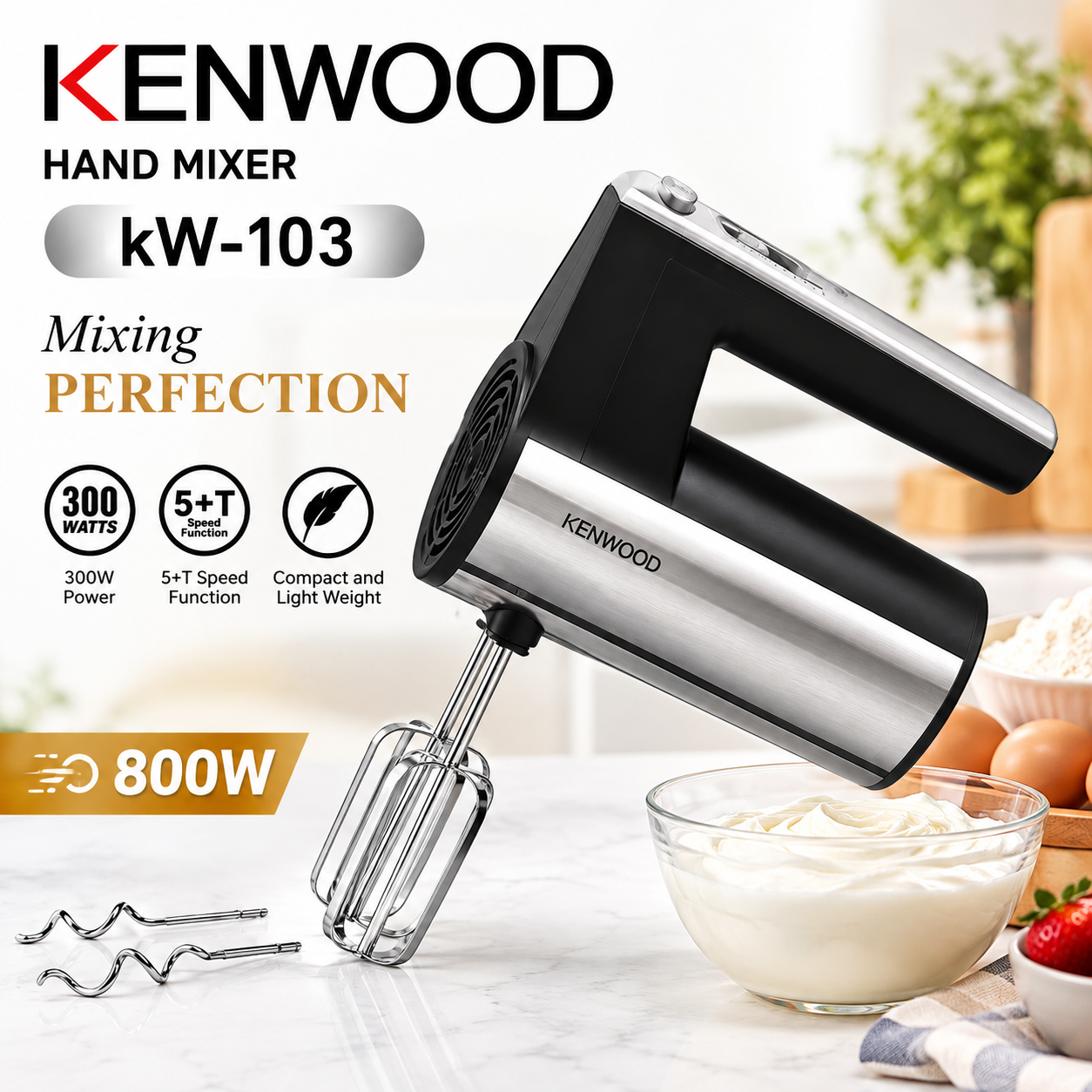 Kenwood KW-103 Hand Mixer 800W | Electric Egg Beater & Cake Mixer | 5+ Speed Function | Beater & Dough Hooks | Kitchen Baking Mixer