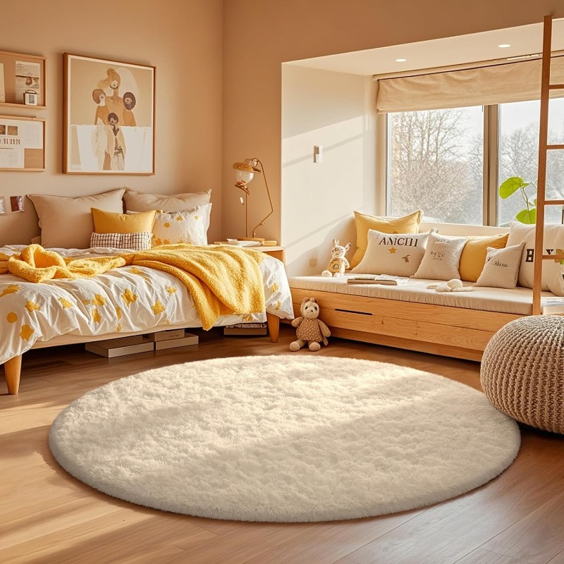 Round Cream White Rug Soft Fluffy Circle Carpet Plush Shaggy Area Rug for Bedroom Living Room Kids Room Nursery Home Decoration