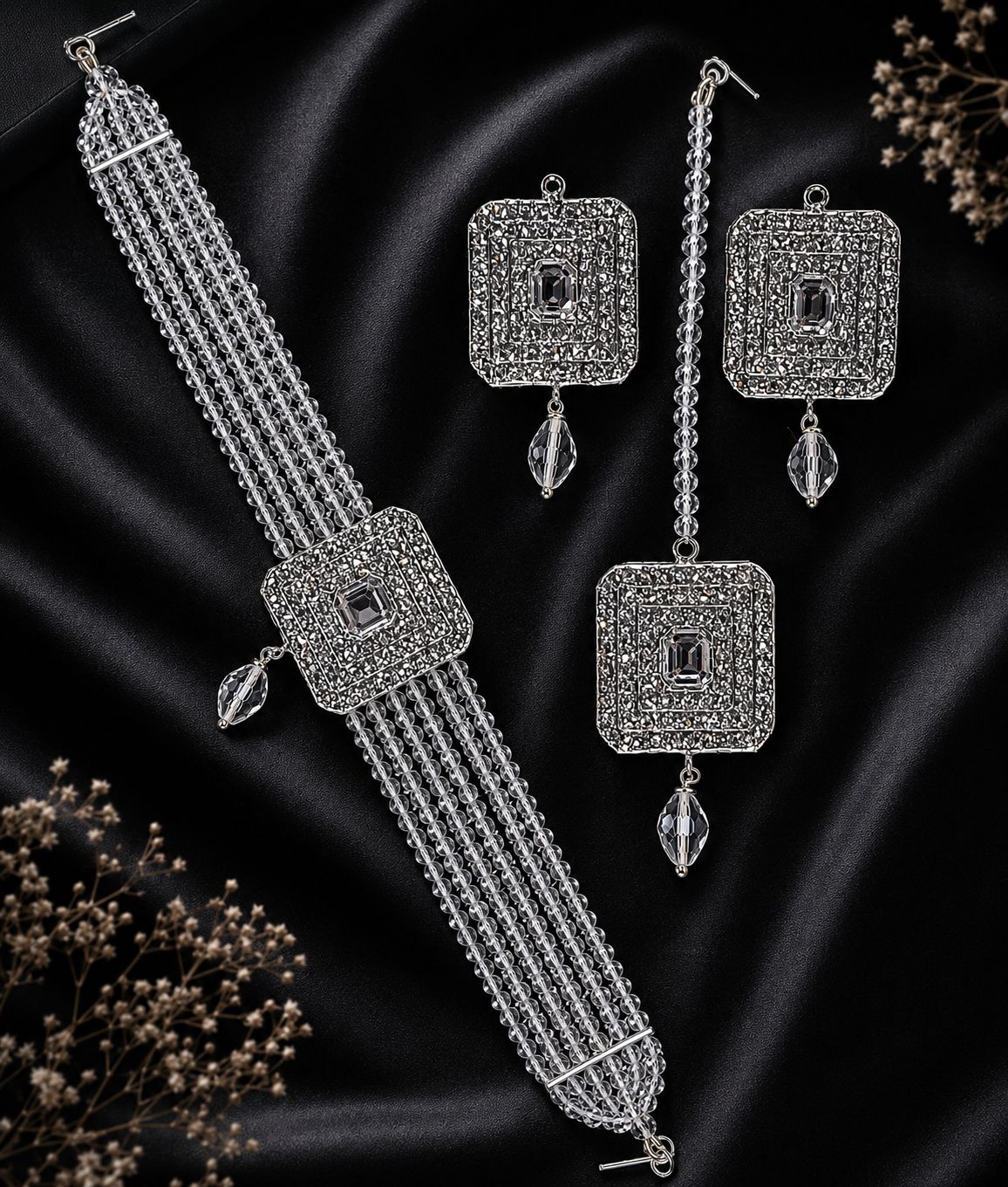 Zink Artificial Bridal Jewellery Set For Girls And Woman Article 64385 Luxury 5-Layer Crystal Choker Jewelry Set | Necklace, Earrings & Tikka