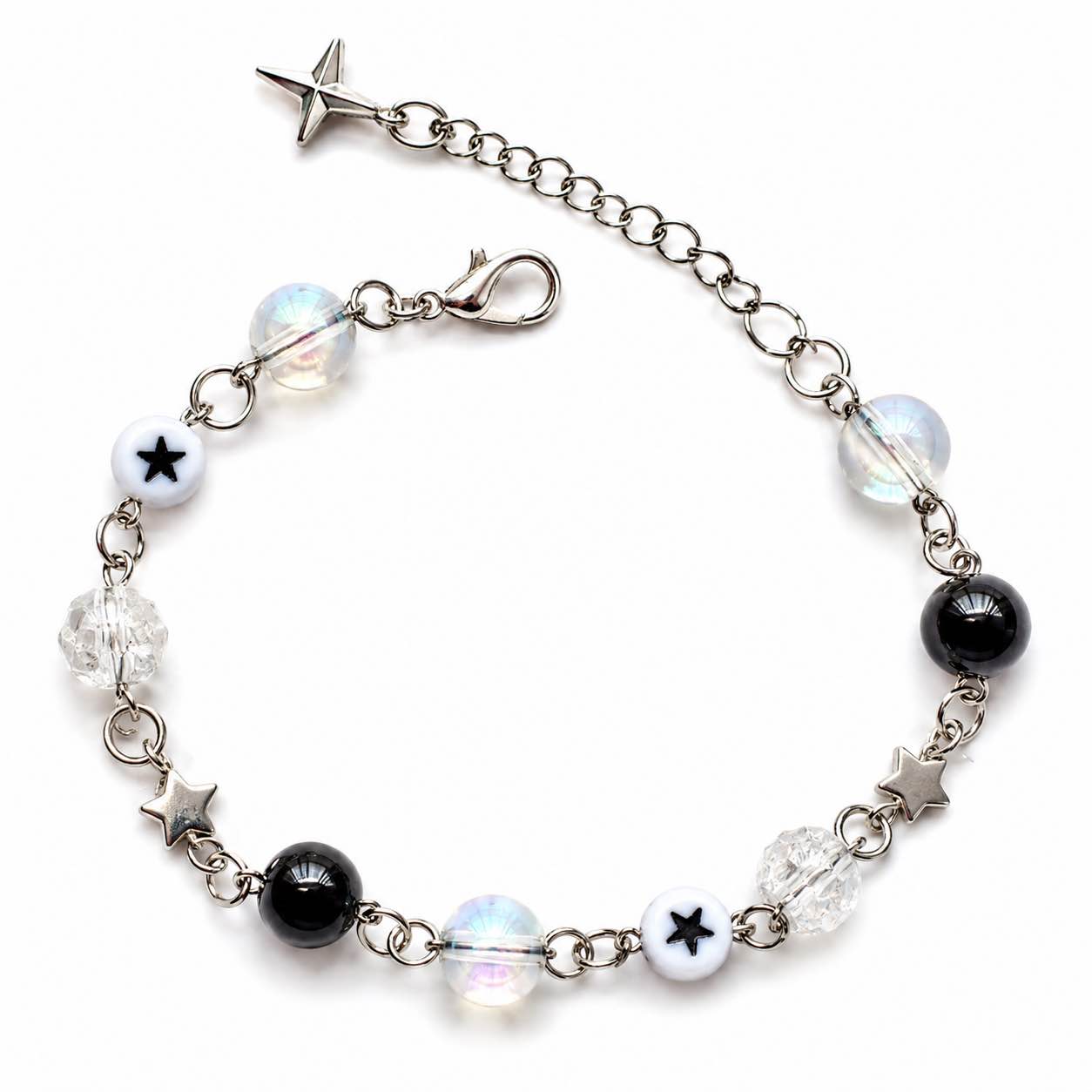 Y2K Star Charm Beaded Bracelet for Women Girls | Aurora Glass Beads Bracelet | Crystal Crack Beads | Black White Star Beads | Korean Aesthetic Jewelry | Adjustable Handmade Bracelet | Cute Friendship Gift | Trendy Fashion Accessories | Daily Wear