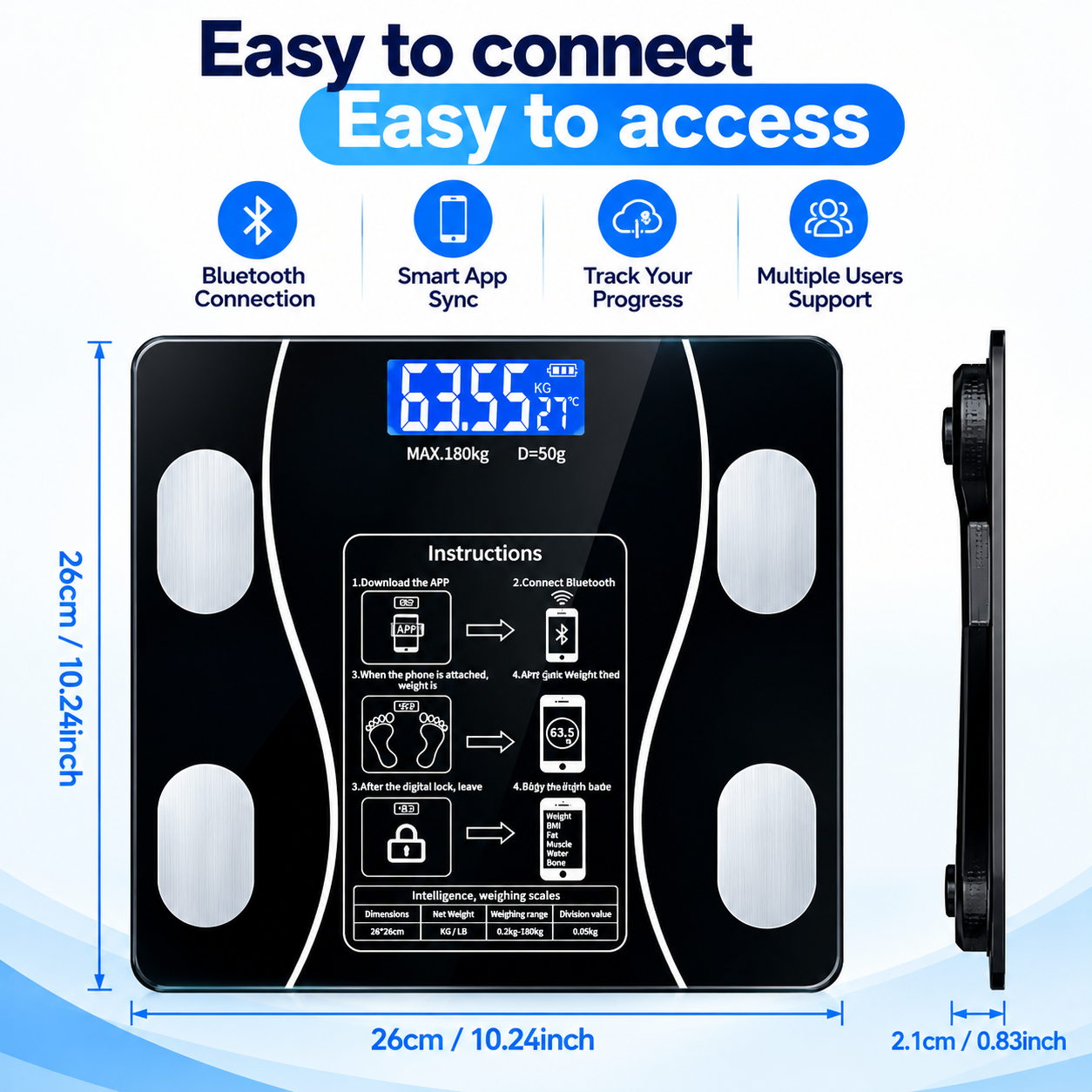 Smart Digital Body Weight Machine Scale 180KG Bluetooth Electronic Weighing Machine Scale with App Sync for Household Use - Body Fat & BMI Measurement, Bathroom Balance Scale Weight Machine For Human Body