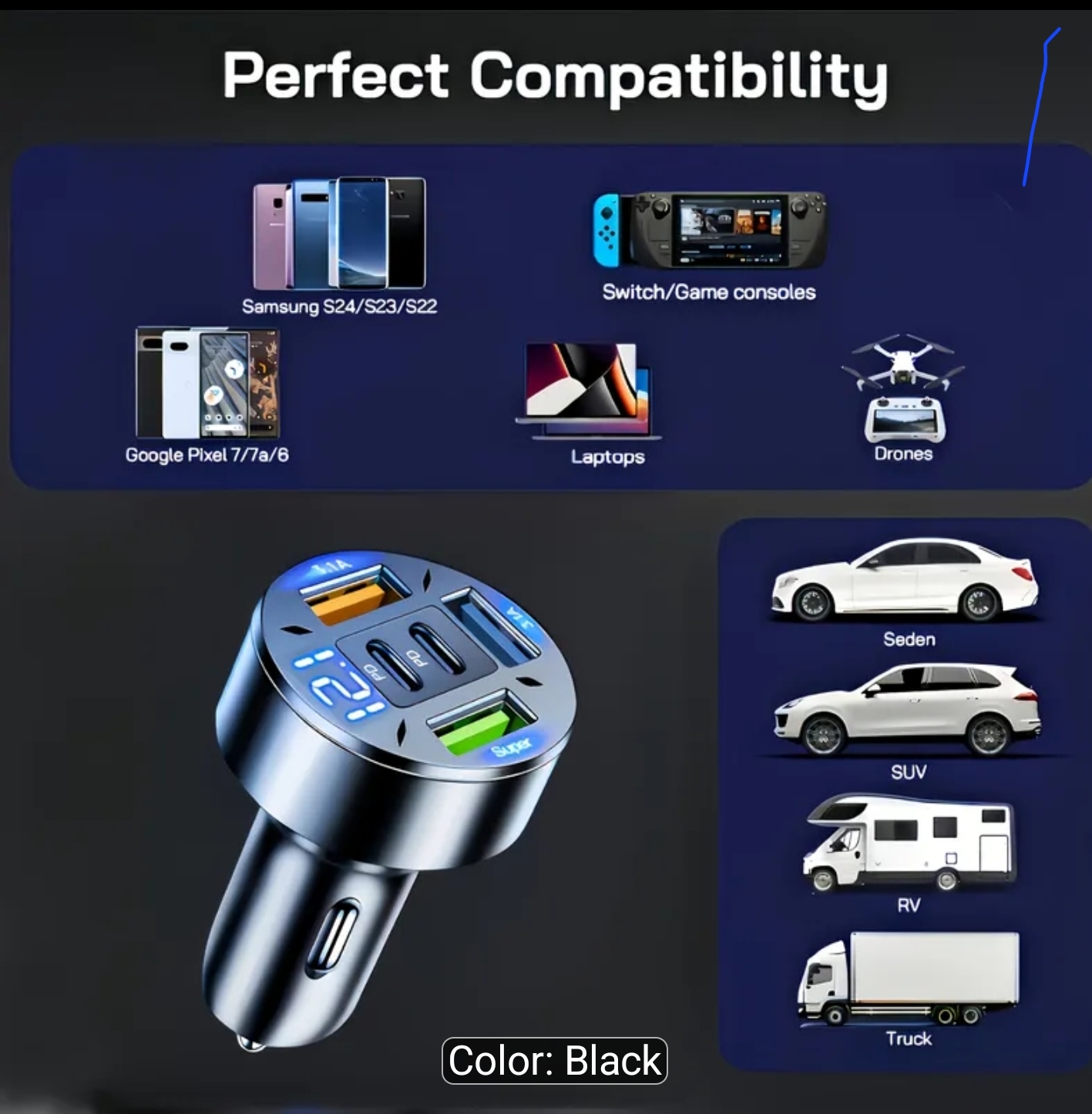 2026 Upgraded Fast-Charge Digital Display Car Charger | Features 2 PD and 3 USB-C Ports, Portable, Designed for Drivers and Passengers, Wireless Charging Adapter, Travel-Friendly