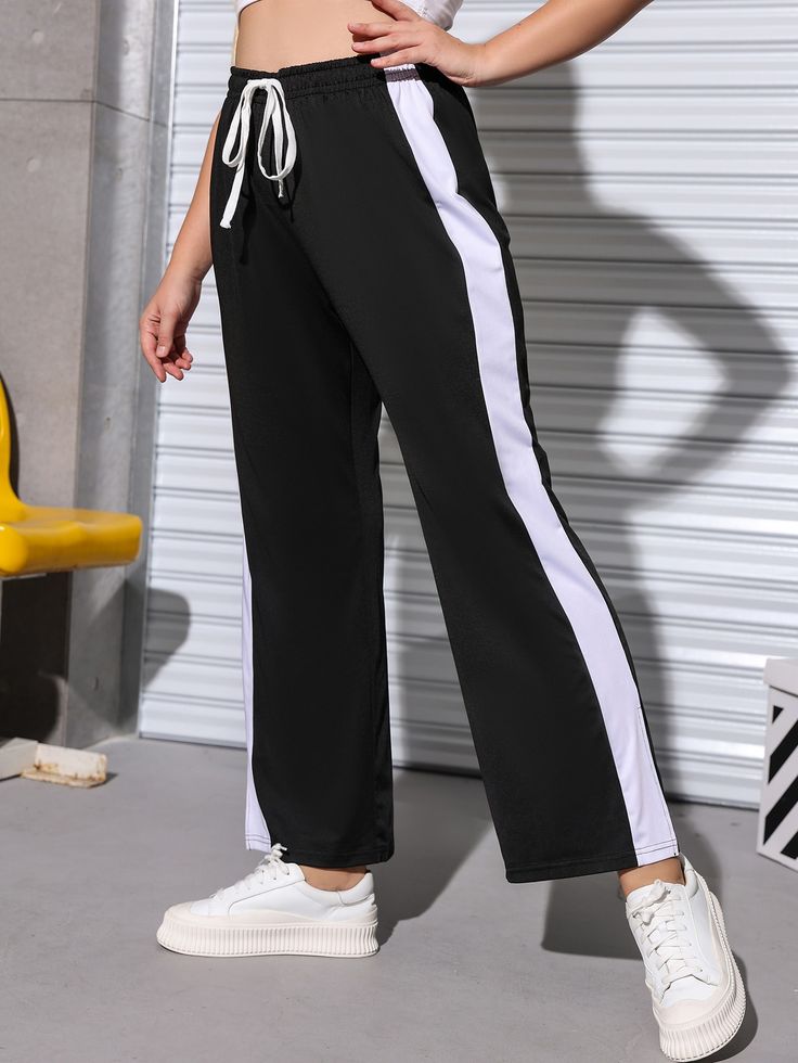 Women's  Black Wide Leg Jersey Trouser with Side Stripe