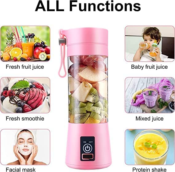 Portable 6-Blade Juicer Blender With Built-in Jar, Mixer Bottle, USB Rechargeable Personal Size Grinder for Juices, Protein & Milk Shakes - 380ml (Multi Colour) (No Color Choice)