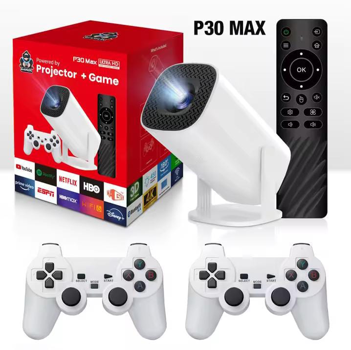 P30 Max Projector and Game, P30 Max Projector 20000+ Retro Games + 2 Controllers, Smart Projector with Built in Apps and Games P30 Max, TV Projector for Indoor and Outdoor (White)