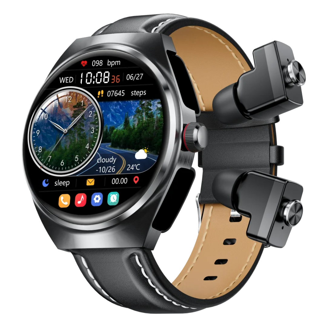 New Best Smart Watch
Leather Band with Earbuds 2 in 1 Headphones and Smartwatch Fitness Tracker with Heart Rate Monitor