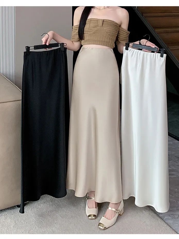 Premium Silk Casual Spring/Summer 2025 Long Solid Fishtail Skirt for Women - Elegant, Comfortable, Versatile (XS-XL)
