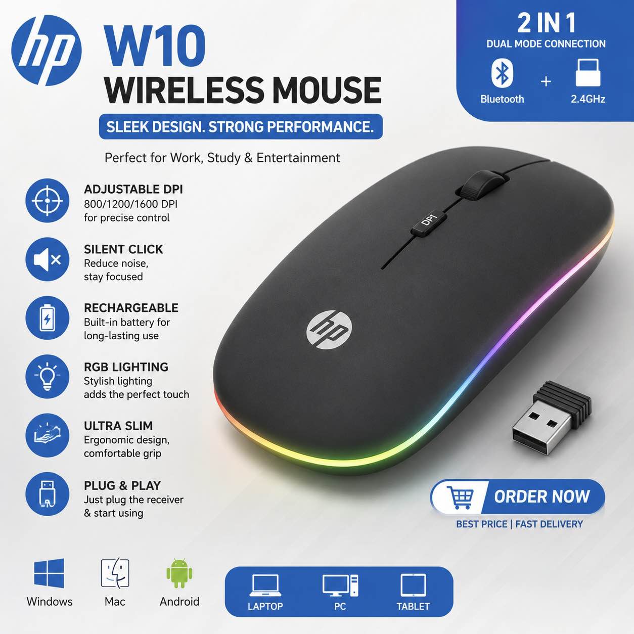 W10 Wireless Mouse Rechargeable Dual Mode Bluetooth & 2.4G Silent RGB Slim Wireless Mouse for Laptop PC Android