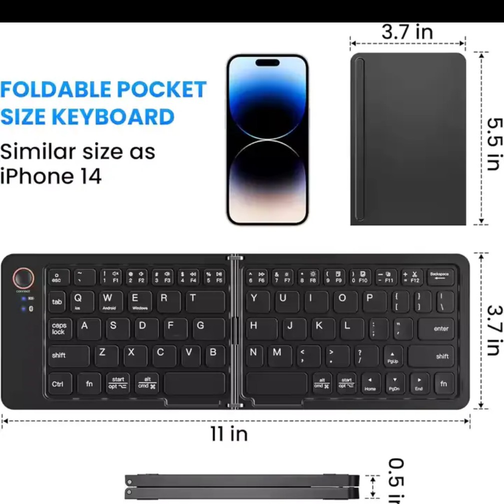 Foldable Keyboard - Portable Travel Keyboard, Rechargeable Full Size Ultra Slim Mini Folding Wireless Keyboard for iOS Android Windows Smartphone Tablet and Laptop
