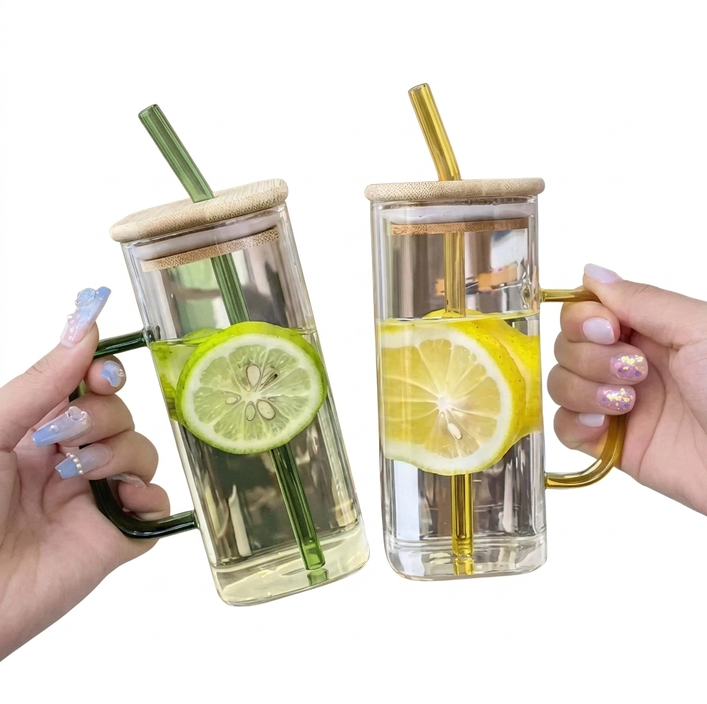 Drinking Glass with Straw, Handle and BamboO Lid, product photo — SimpleCartStore