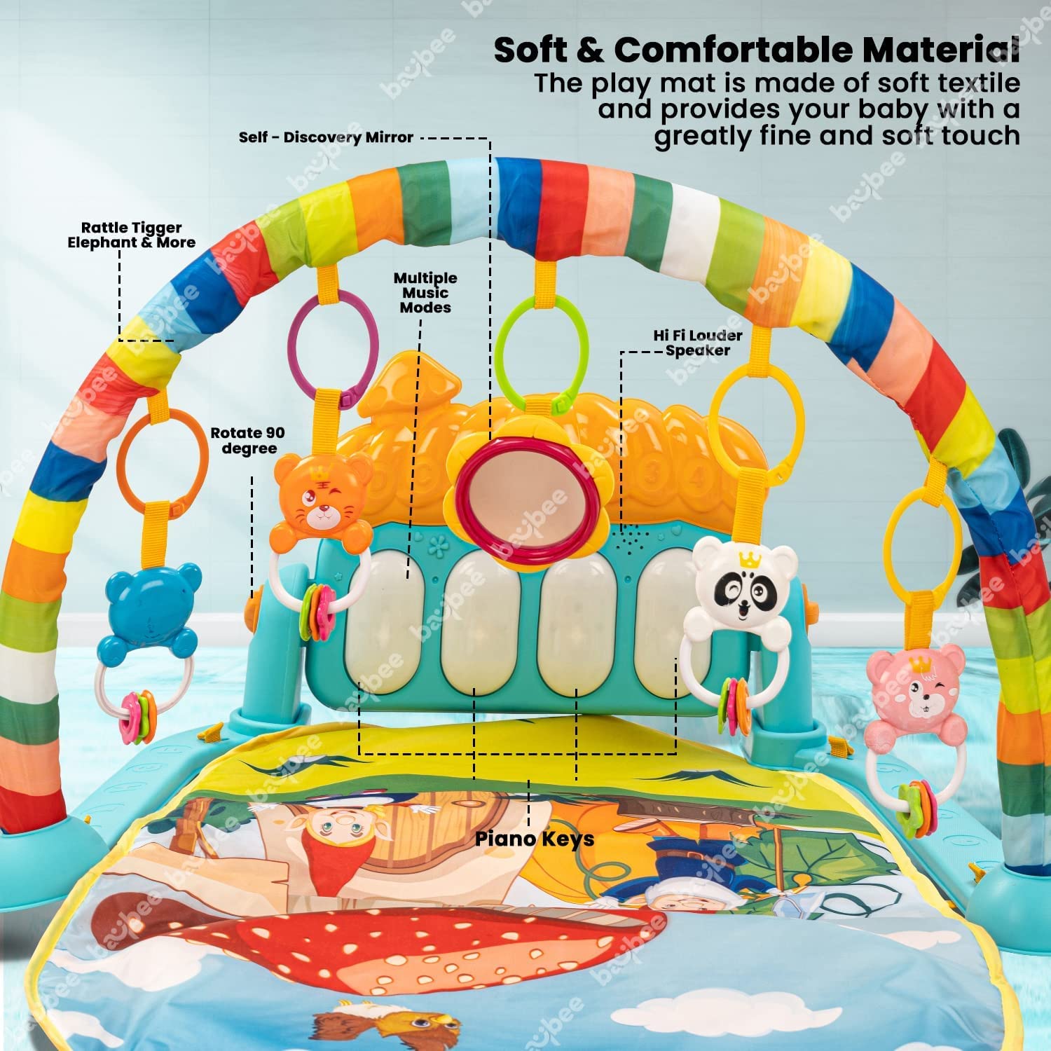 Baybee Piano Baby Play Gym Mat for Babies, Activity Playgym for Baby with Rotatable Piano & 5 Hanging Toys  Baby Bedding Set Crawling Mat  Baby Play Gym for 0 to 12 Months Boy Girl,Multicolor