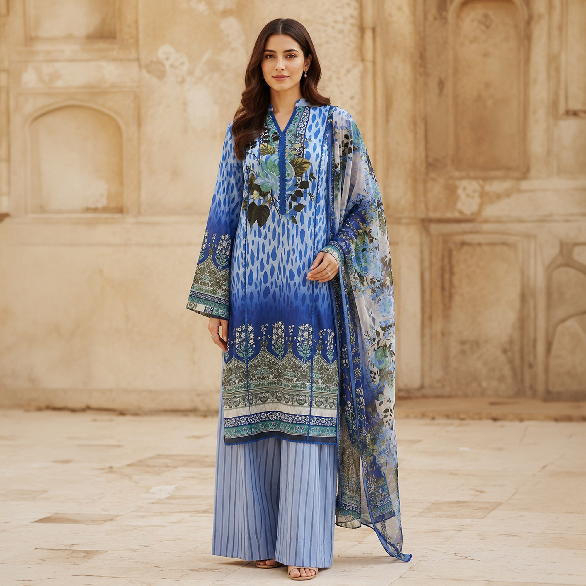 Kleren 3 Piece Unstitched or Stitched Digital Printed Lawn Suit for Women with Digital Printed Lawn Shirt, Digital Printed Cotton Trouser and Digital Printed Chiffon Dupatta - Summer Collection 2026 - Design code : Hermosa H-15