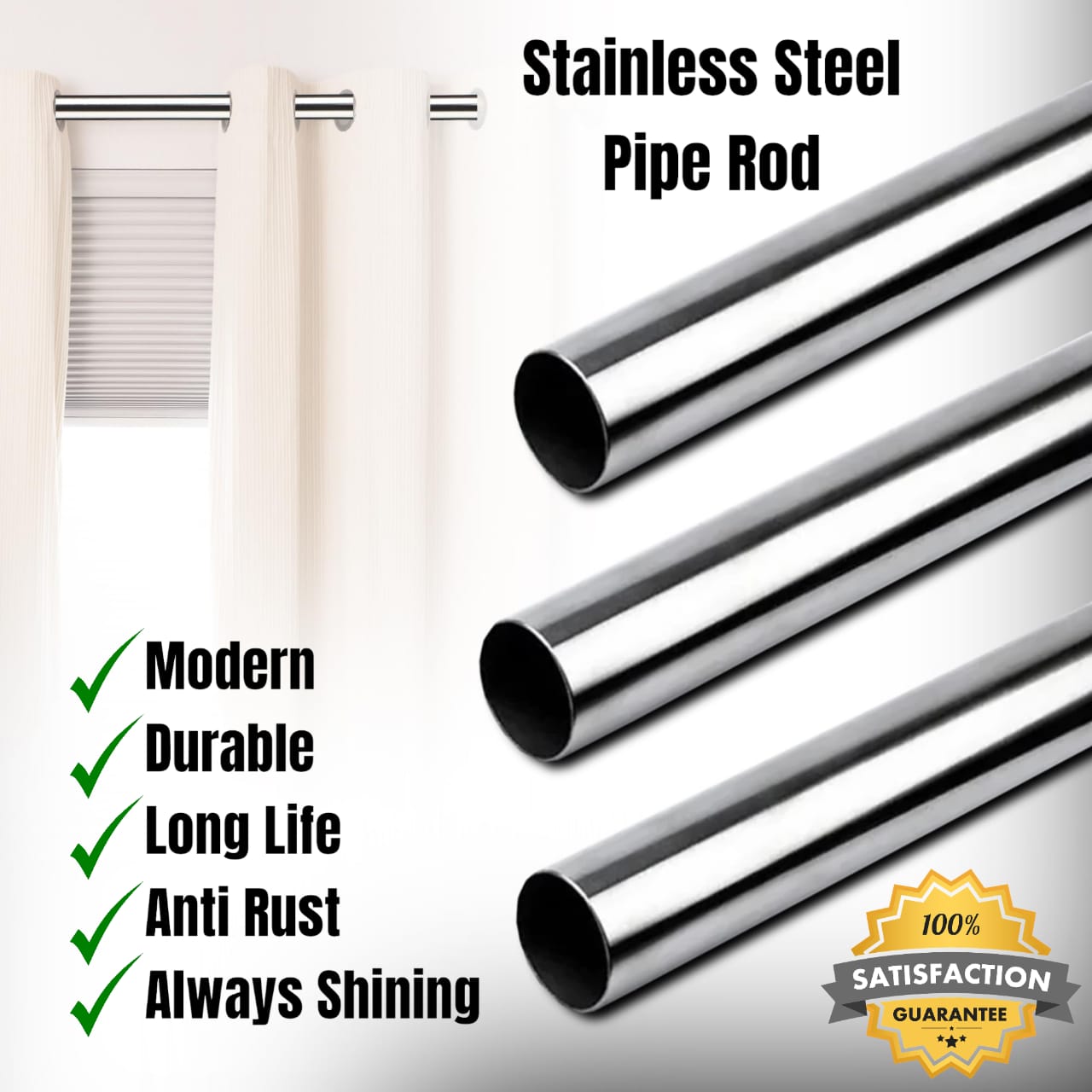 Premium Stainless Steel Curtain Pipe Rod with 2 Curtain Brackets Free  - High Quality Home Decor Solution