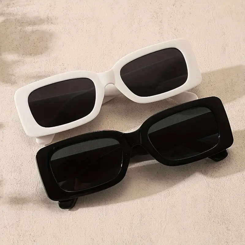 Top Notch🕶️ 2 Pairs Unisex Rectangular Retro Fashion Sun Glasses For Men Girls Boys – Black & White Set Sunglasses For Women Men - Decorative PC Lens Lightweight Plastic Frame Sunglasses For Boys