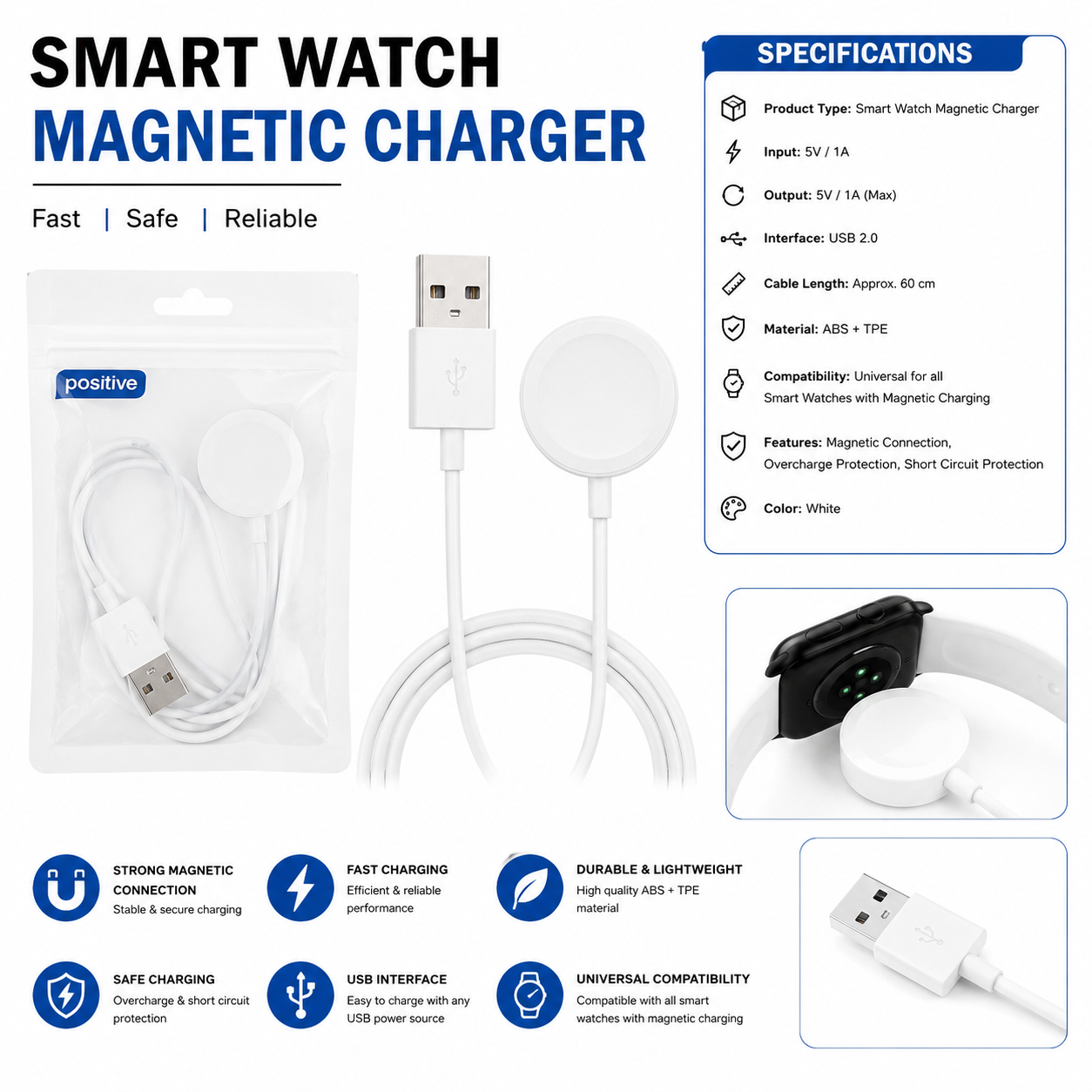 Smart Watch Magnetic Charger USB Charging Cable 5V 1A Universal Magnetic Charging Dock Compatible Smart Watches Fast Safe Reliable Charging Cable 60cm USB 2.0 Charger with Strong Magnetic