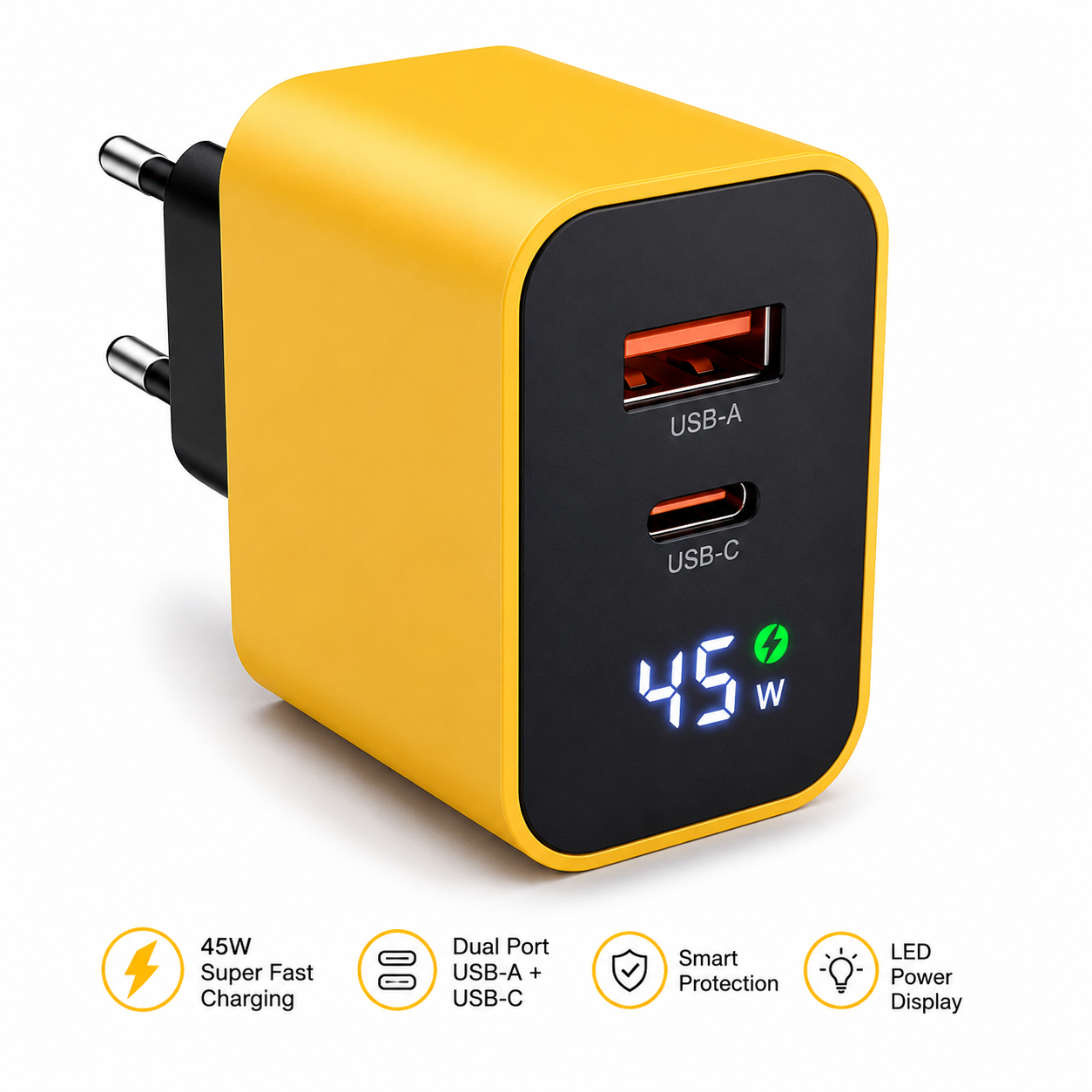 45W Super Fast PD Charger | USB + Type-C Dual Port | Fast Charging Adapter with LED Display