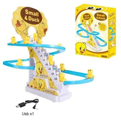 Small Duck Slide Toy,Electric Duck Climbing Stairs Tracks Slide Toy Set,Duck Roller Coaster Toy with Flashing Lights & Music On/Off Button