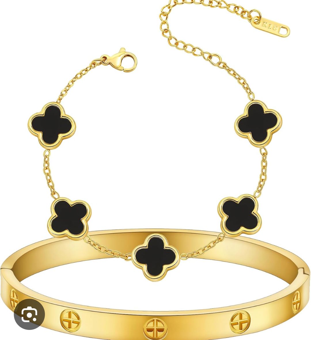 Stainless Steel 2-Piece Bracelet Set for Women – Clover & Bangle Design – Modern Style – All Season, Multicolors