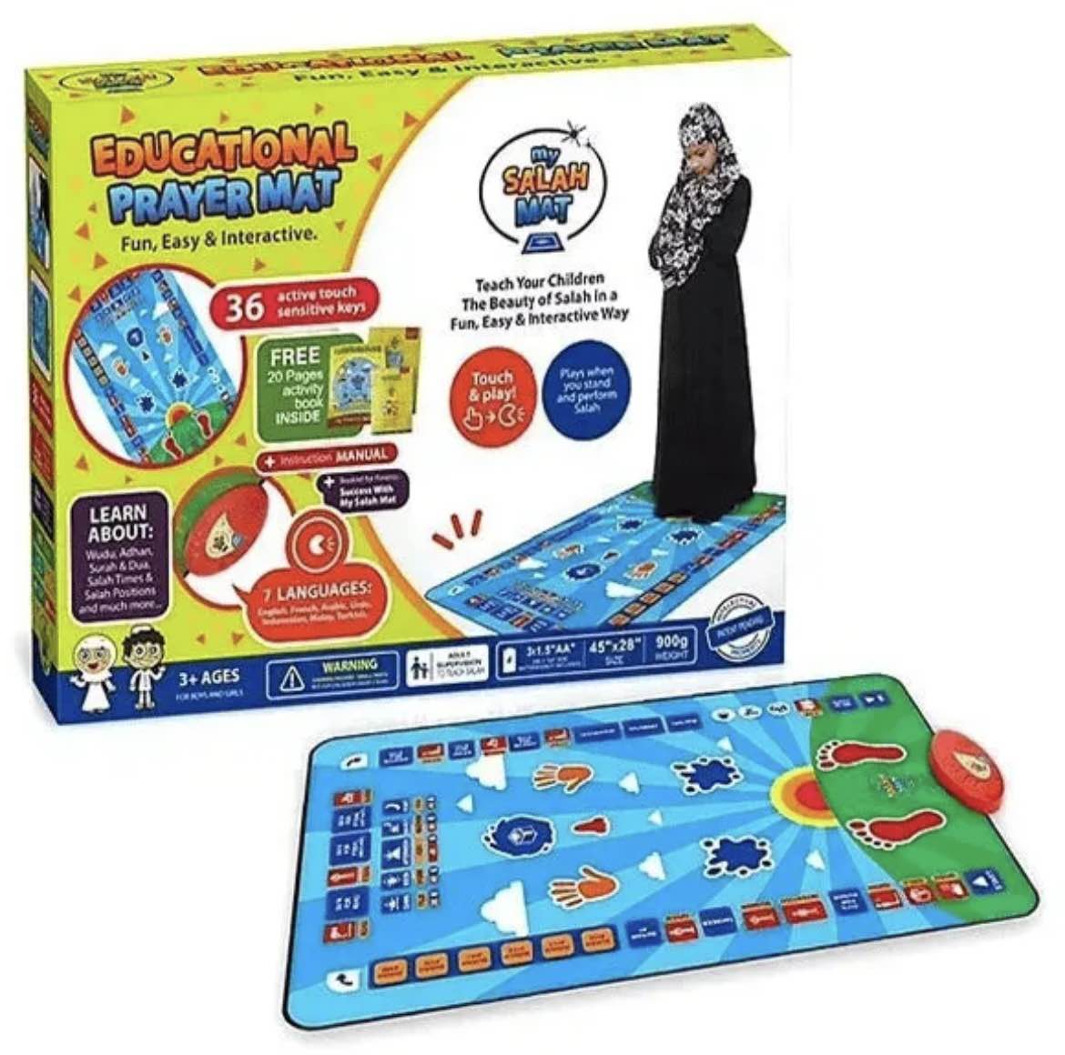 Interactive Educational Prayer Mat for Kids | 36 Touch Keys, 7 Languages, Wudu Salah Learning Mat with Activity Book | 3+ Years Boys Girls