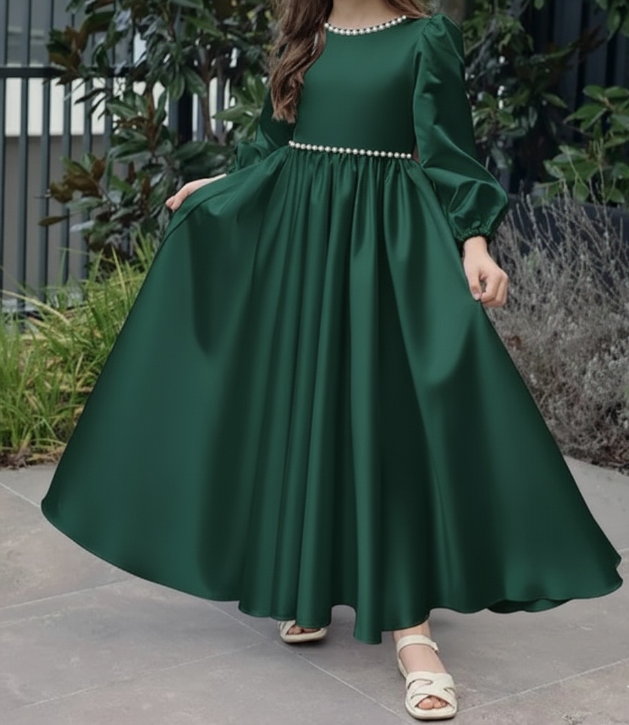 Pearl Beaded Lantern Sleeve Maxi Dress For Girls