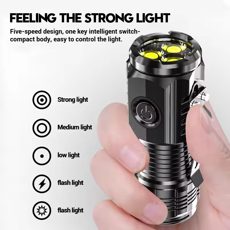 Mini Portable Outdoor Flashlight – Ultra Bright LED Torch Light with Three Eyed Design | Rechargeable Waterproof Camping & Hiking Torch for Emergency, Travel & Home Use
