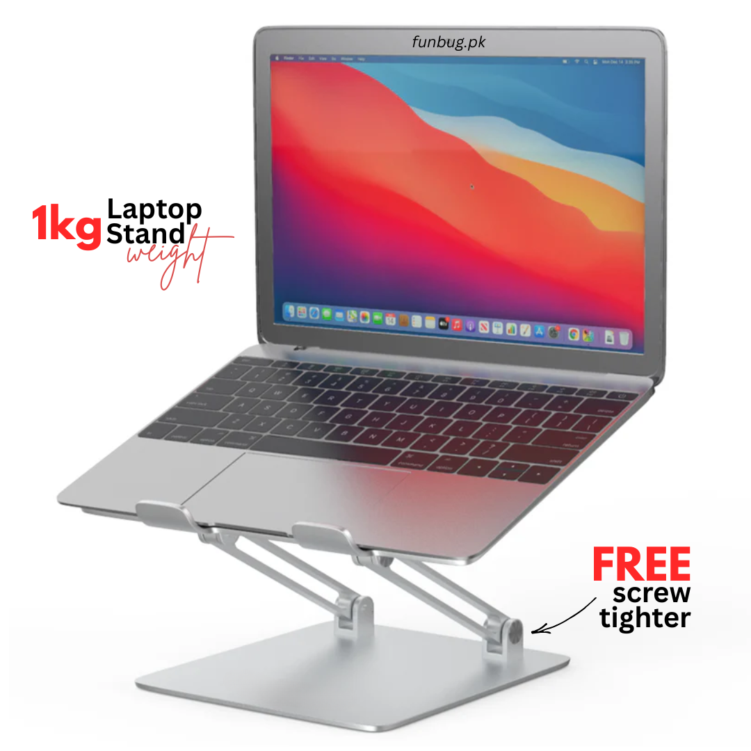 【1KG】 Metal Laptop Stand Aluminium ~ Portable Aluminum Alloy Base, Foldable Laptop Metal Stand Cooling Pad with Adjustable Height & Anti Slip Rubber Grips ~ Compatible with All Laptops, Tablet, Notebook ~ Silver by FunBug