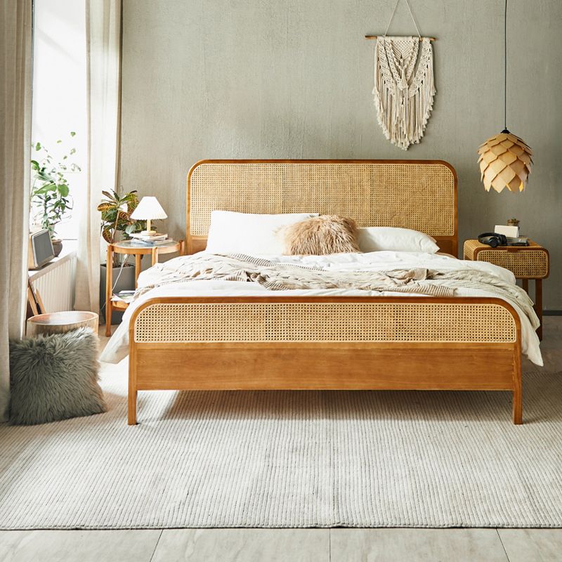 Tropical King Size Bed with 2 Side Tables Wooden & Cane