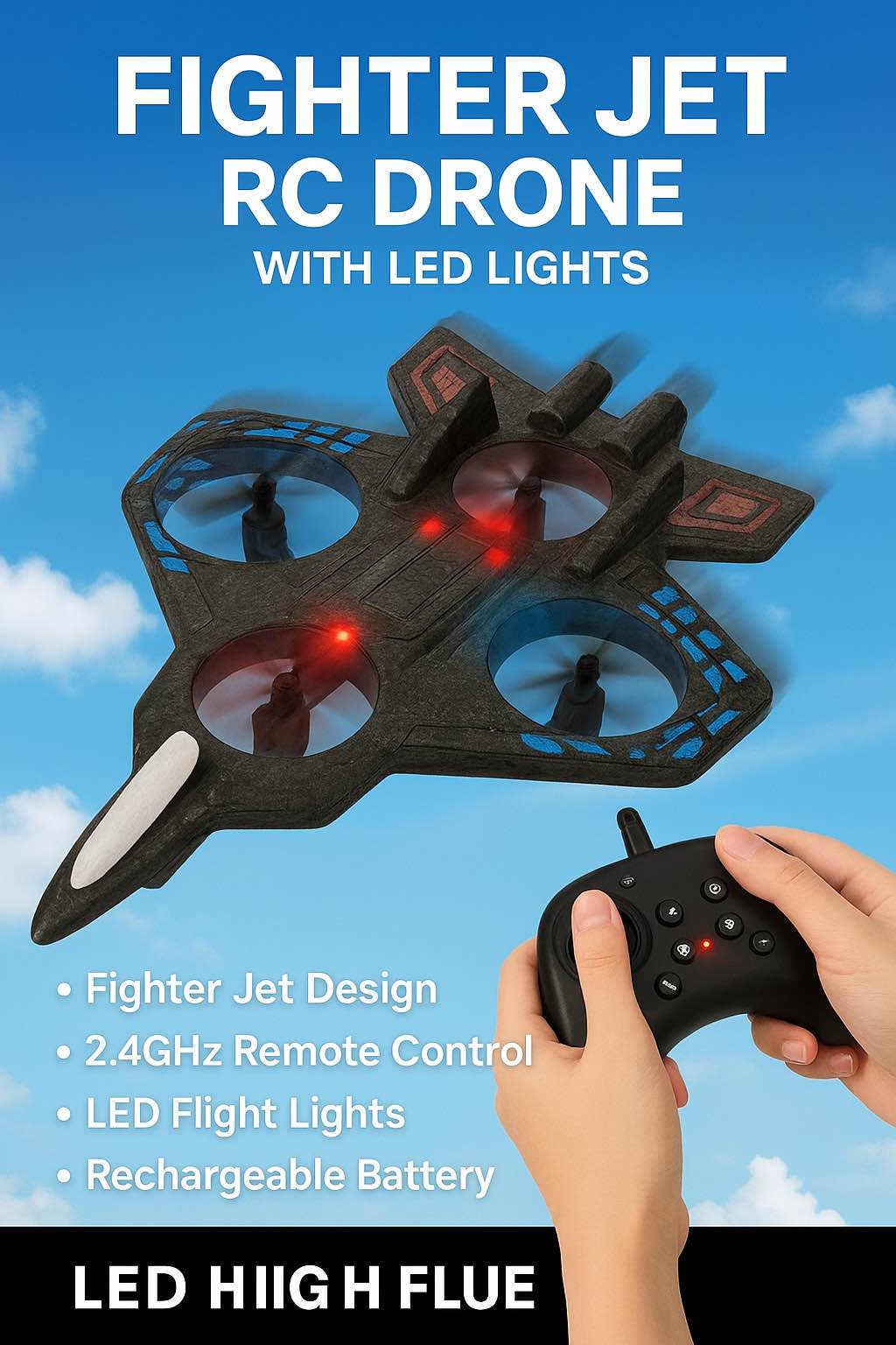 Fighter Jet RC Drone with LED Lights – 2.4GHz Remote Control QuadCopter Plane | Rechargeable Foam Aircraft Toy for Kids & Adults