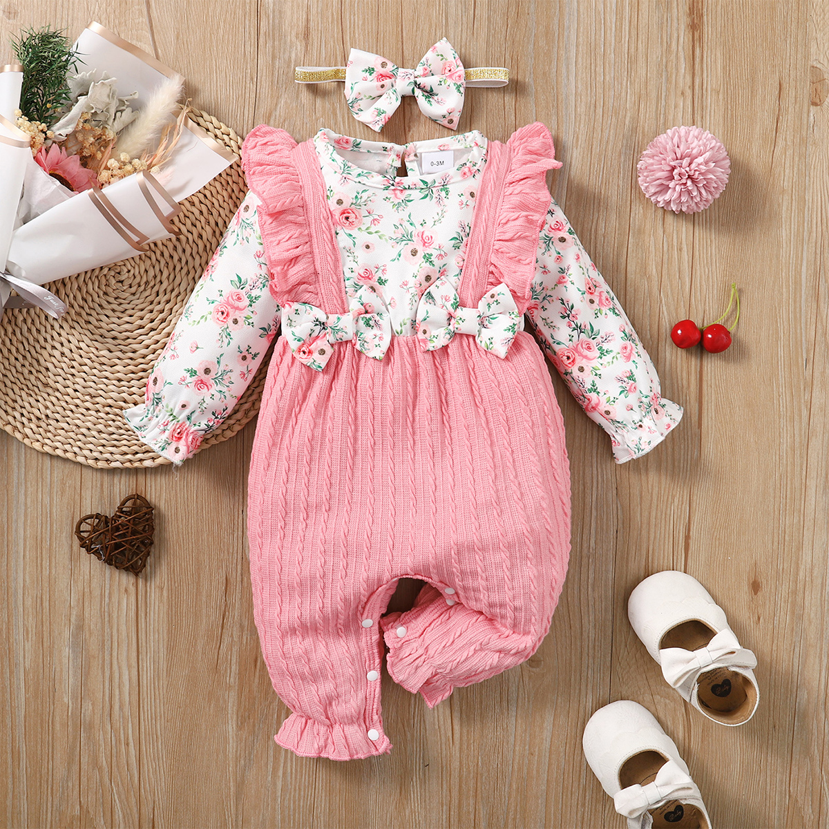 0 18 Months Newborn Baby Girl Romper Cute Floral Long Sleeve with Bow Bodysuit Headband Infant Girl Spring Autumn Jumpsuit Daraz.pk