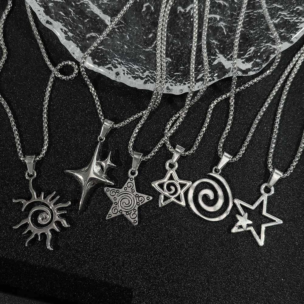 Y2K Star & Sun Spiral Pendant Necklace Silver Tone Minimalist Layered Necklaces for Women Daily Wear