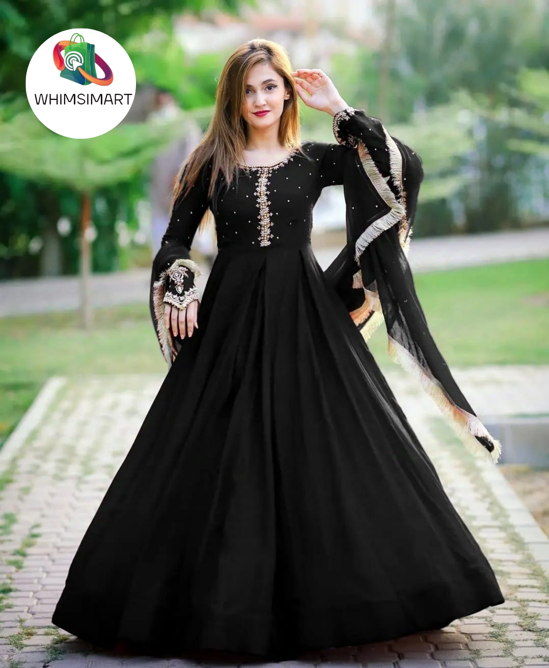 Embroidered Chiffon Maxi Dress for Women - Kaya Work on Neck and Sleeves, Lace Dupatta, 3-Piece Set, Ready-to-Wear