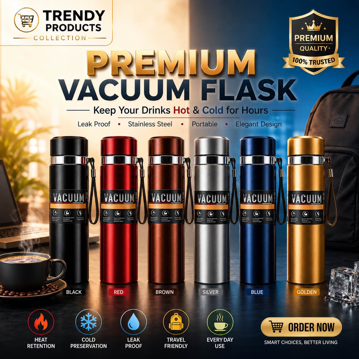 Stainless Steel Water Bottle 1 Litre – Double Wall Vacuum Insulated Thermos Flask  BPA Free Leakproof Sports Bottle  Hot & Cold 24 Hours  Outdoor Gym Travel Camping Hiking Bottle for Men & Women
