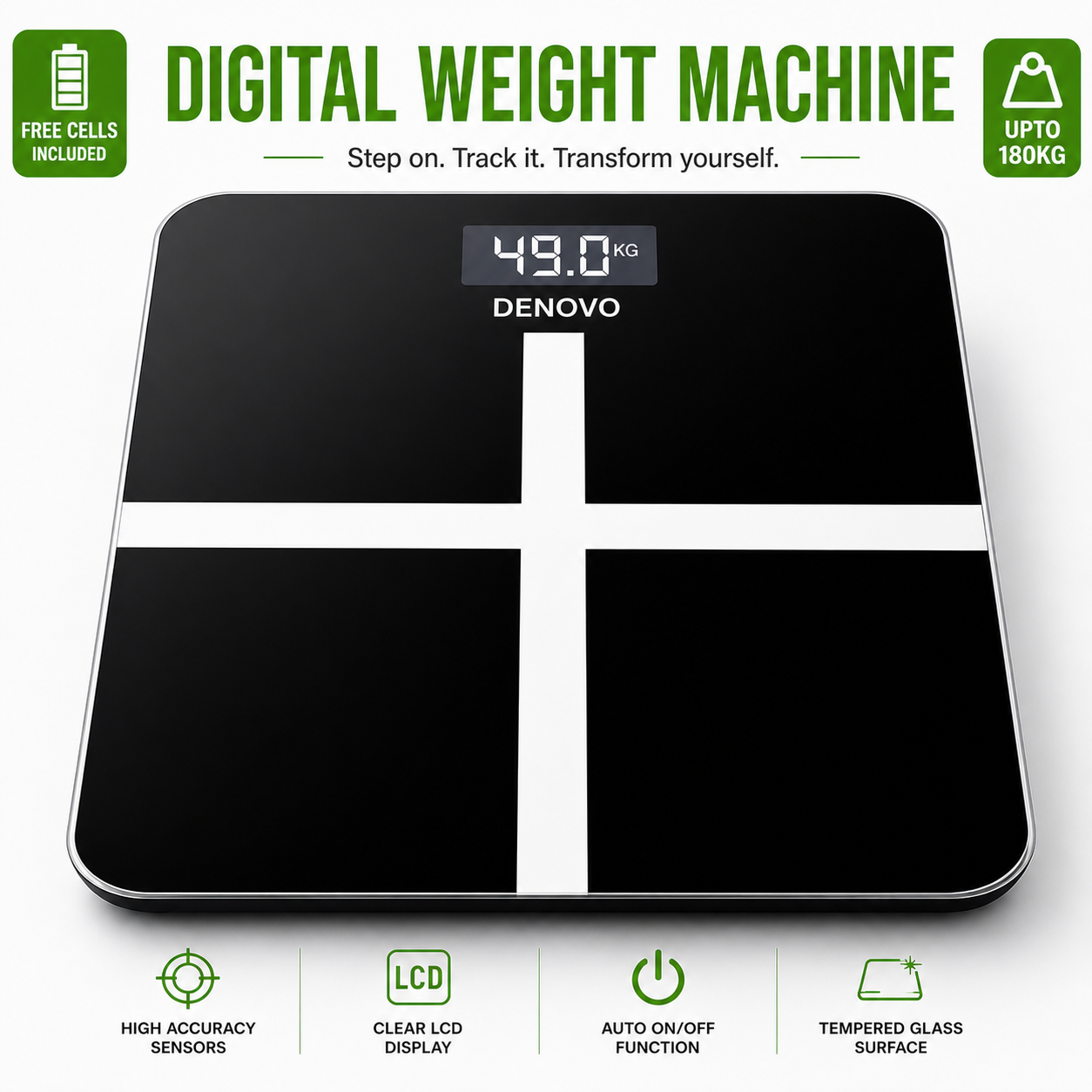 DENOVO MART Tempered Glass Electronic Digital Body Weight Scale, Bathroom Scale 180 KG with LCD Display Weight Machine Denovo Mart