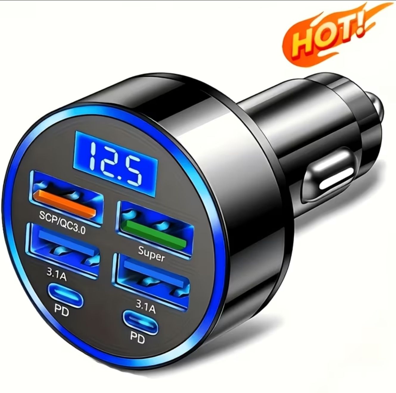 2026 Upgraded Fast-Charge Digital Display Car Charger | Features 2 PD and 3 USB-C Ports, Portable, Designed for Drivers and Passengers, Wireless Charging Adapter, Travel-Friendly