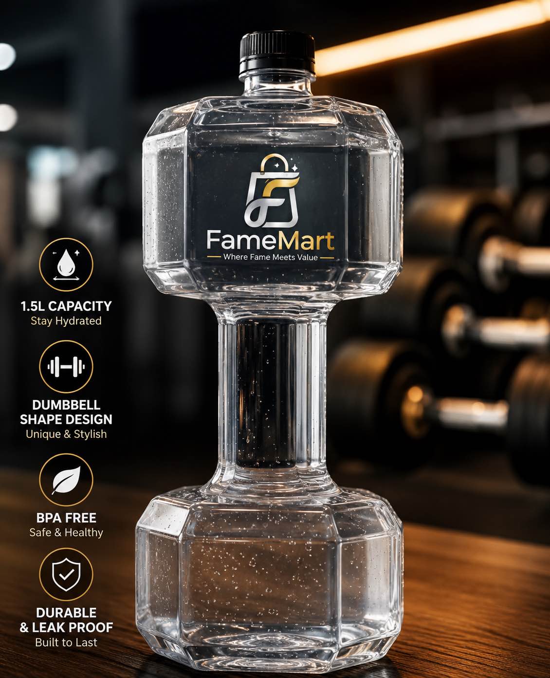 Gym Combo Deal – 1.5L Dumbbell Water Bottle + Adjustable Hand Gripper (5KG-60KG) | Fitness Workout Set | Home Gym Exercise Equipment | BPA Free Water Bottle | Grip Strength Trainer