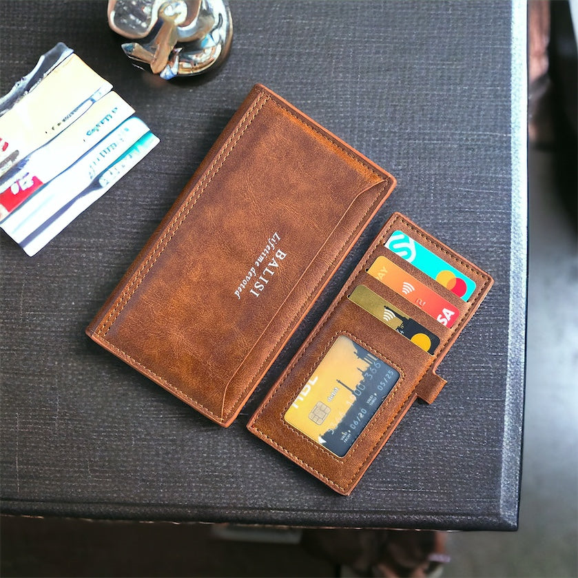 Men's Crazy Horse Leather Wallet Slim Money Clip RFID Card Holder Vintage Style Open Closure Polyester Lining Short
